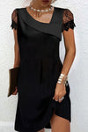 Noir | Women's Fitted Black Dress with Lace Sleeves & Draped Neckline