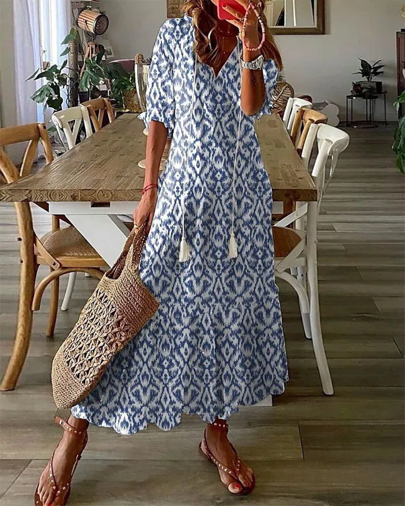 Andrea | Boho Vintage V-Neck Printed Dress