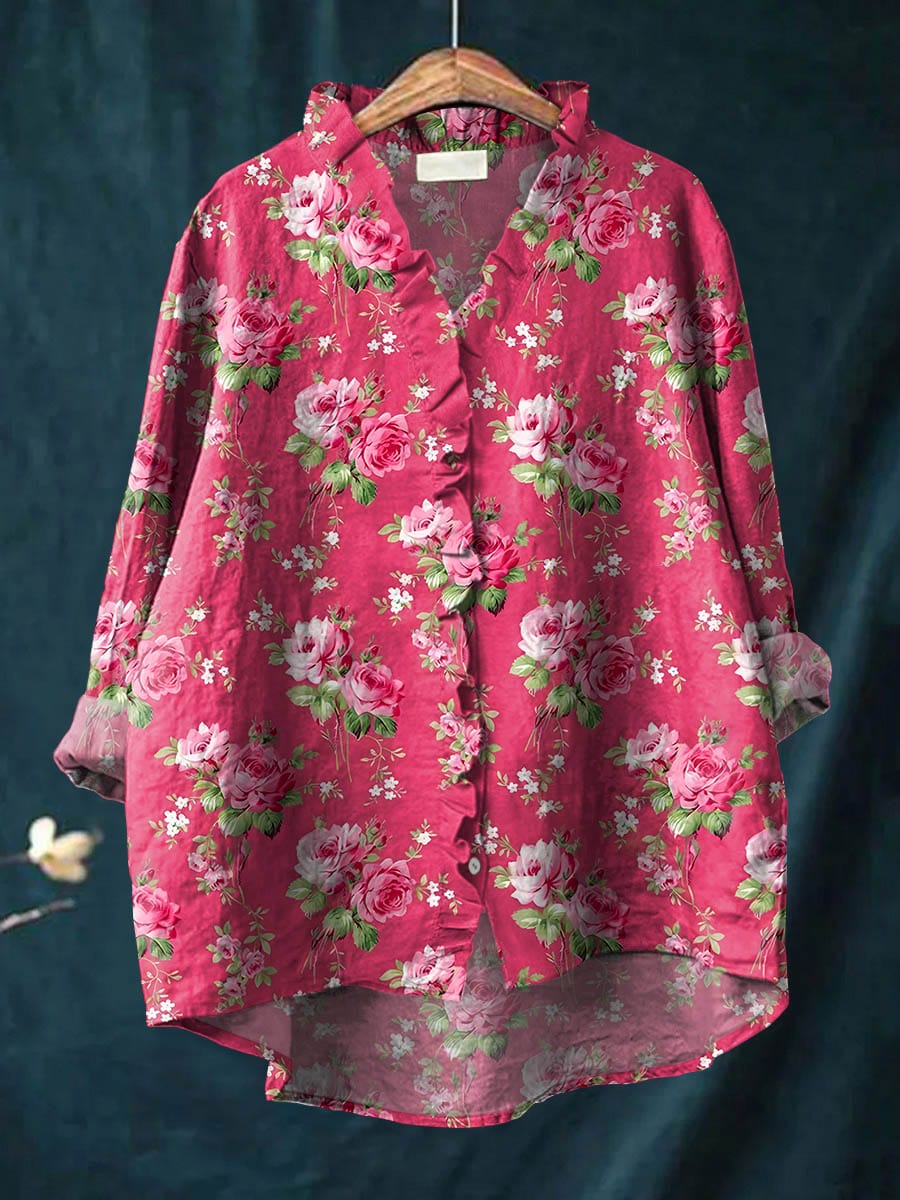 Ophelia | Women’s Floral Blouse with Ruffle Neck