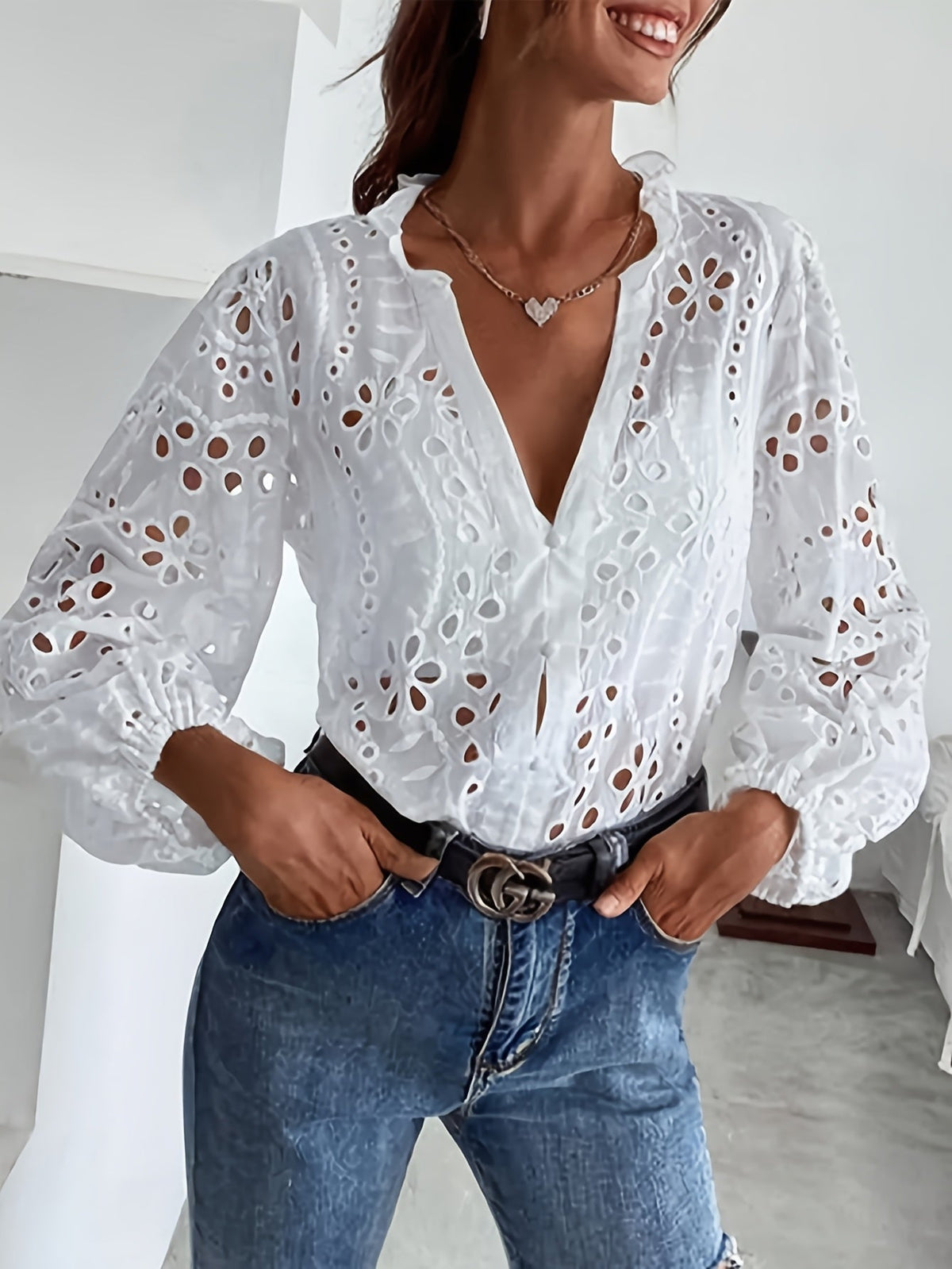 Elise | Women’s Long-Sleeve Blouse with Embroidered Detail