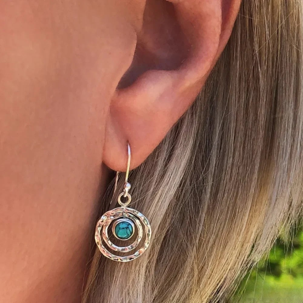 Boho Saturn Earrings with Turquoise Stone in Silver &amp; Gold