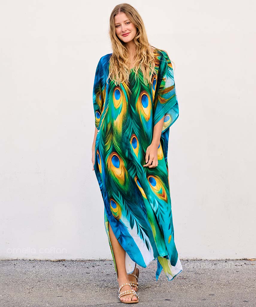 Yara | Women’s Loose Casual Caftan with Peacock Print