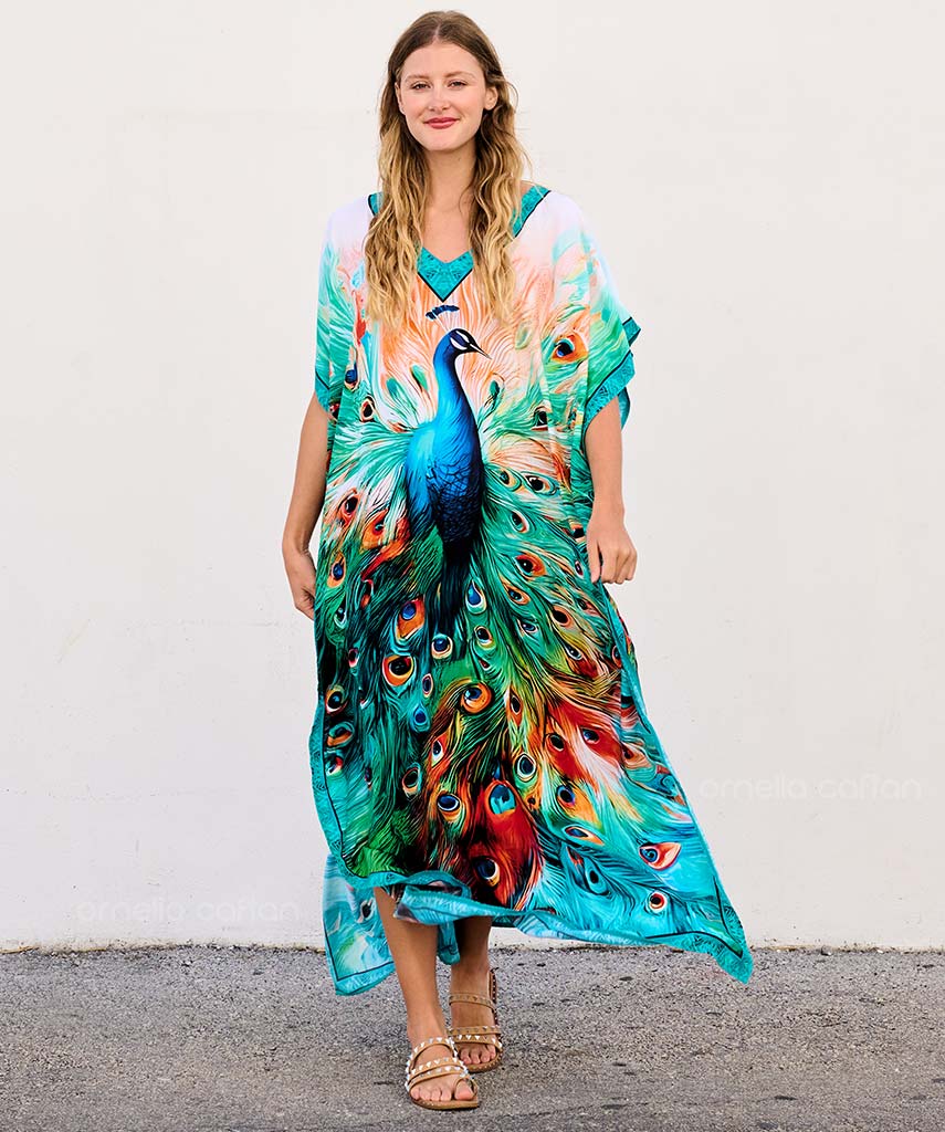 Ava | Women’s Loose Caftan Dress with Peacock Print