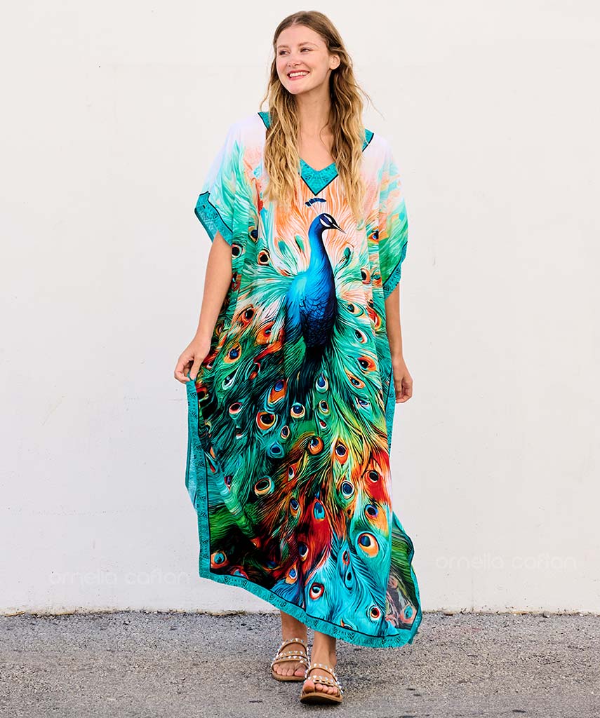 Ava | Women’s Loose Caftan Dress with Peacock Print