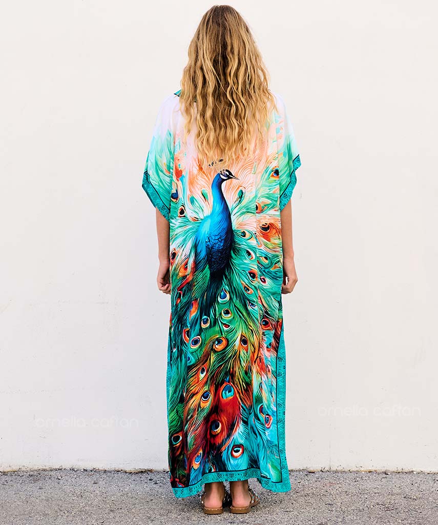 Ava | Women’s Loose Caftan Dress with Peacock Print