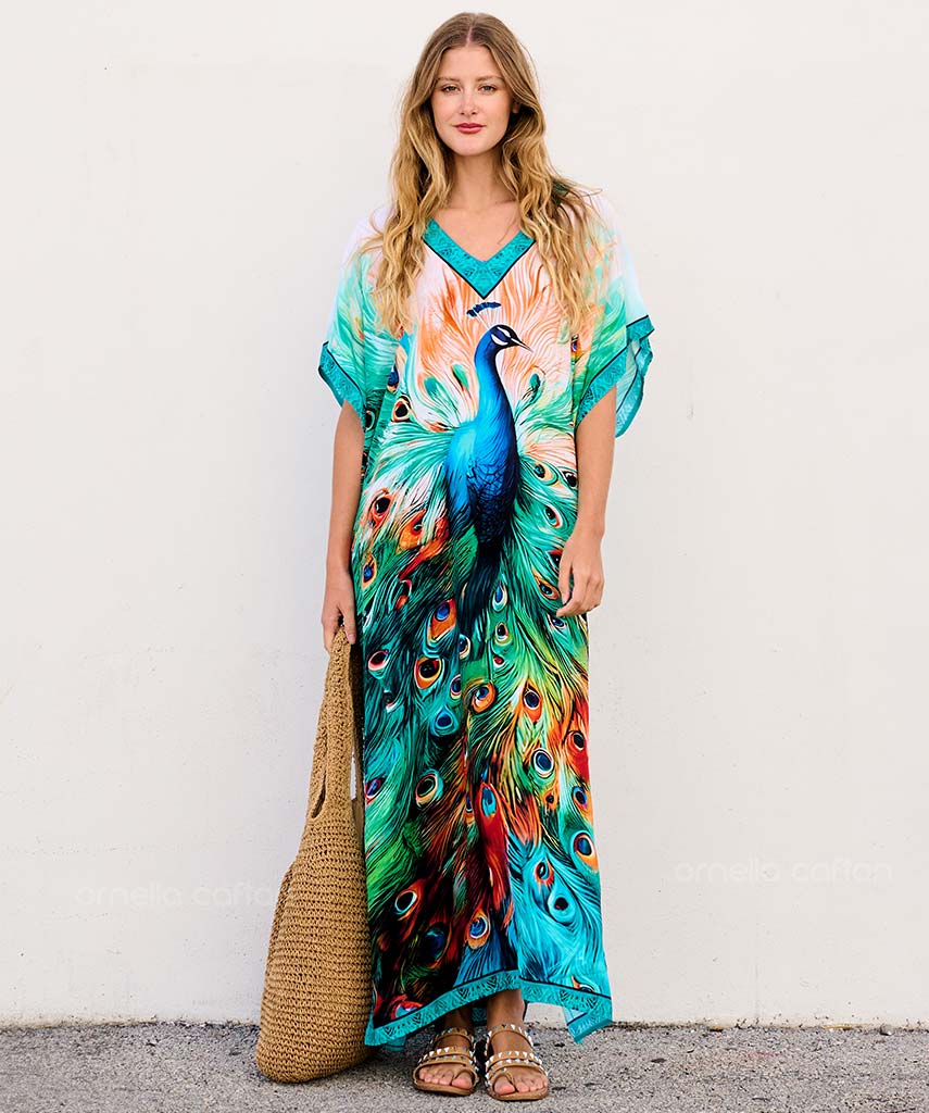 Ava | Women’s Loose Caftan Dress with Peacock Print