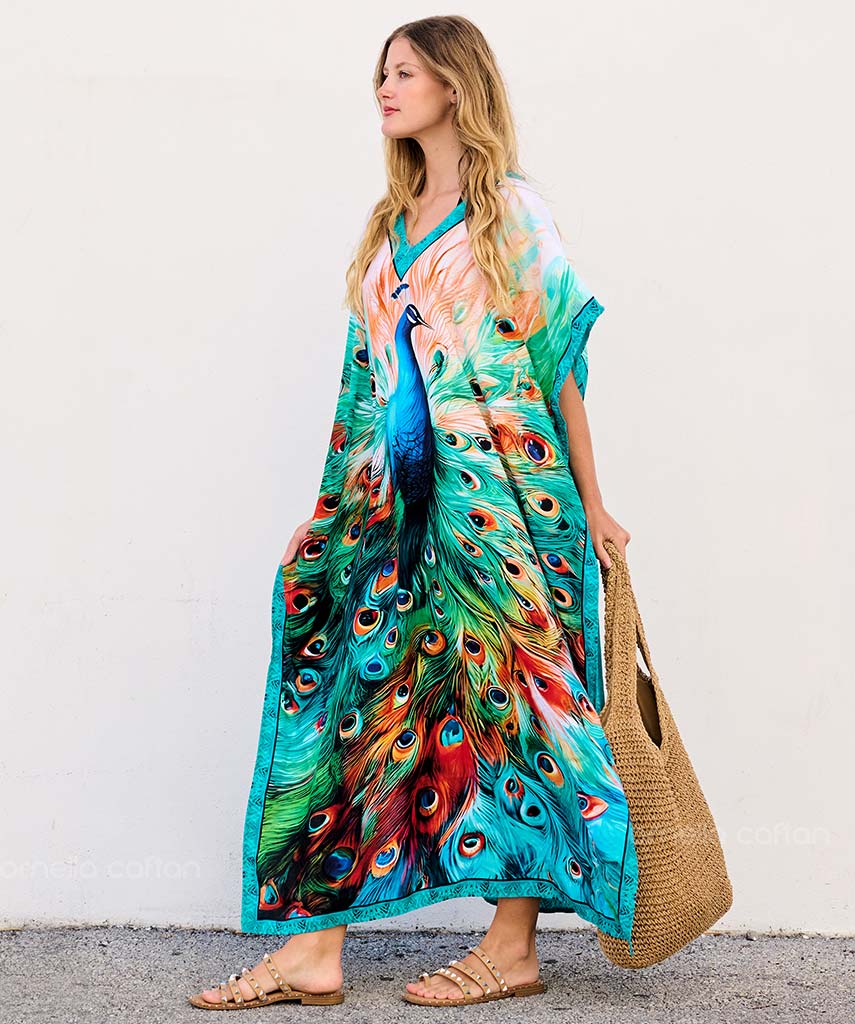 Ava | Women’s Loose Caftan Dress with Peacock Print