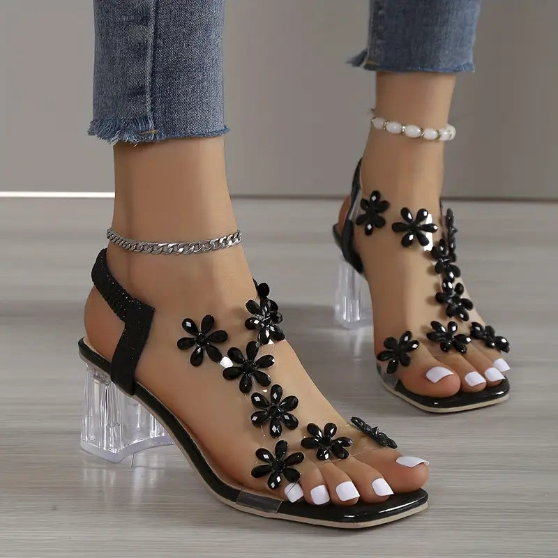 Frieda | Women’s Flower Rhinestone Sandals with Block Heel