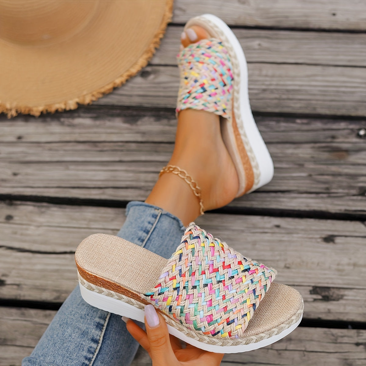 Elodie | Women’s Woven Espadrille Sandals with Multicolour Straps
