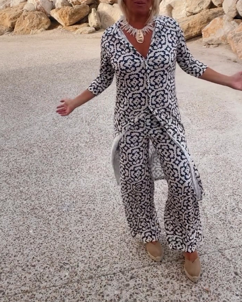 Livia | Women’s Printed Two-Piece Set with V-Neck Blouse