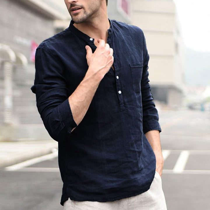 Thomas Kelly | Linen Band Collar Shirt For Men