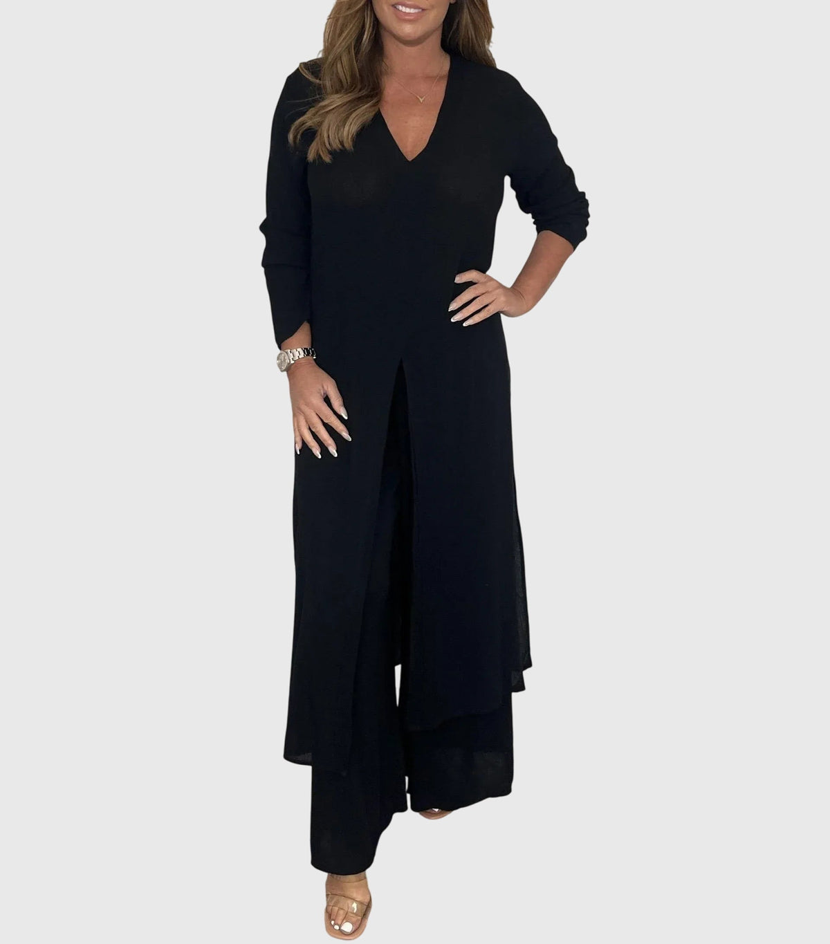 Serena | Women’s Longline Cardigan Set with Wide-Leg Trousers