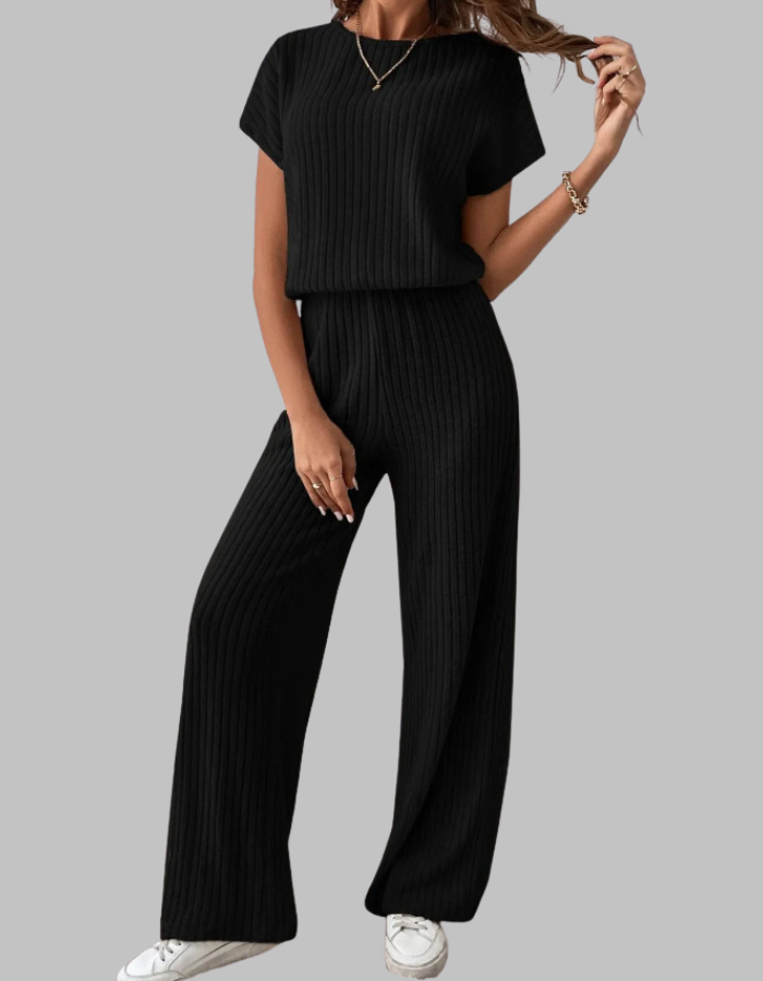 Nora | Women's Ribbed Short Sleeve Top and Wide Leg Pants Set
