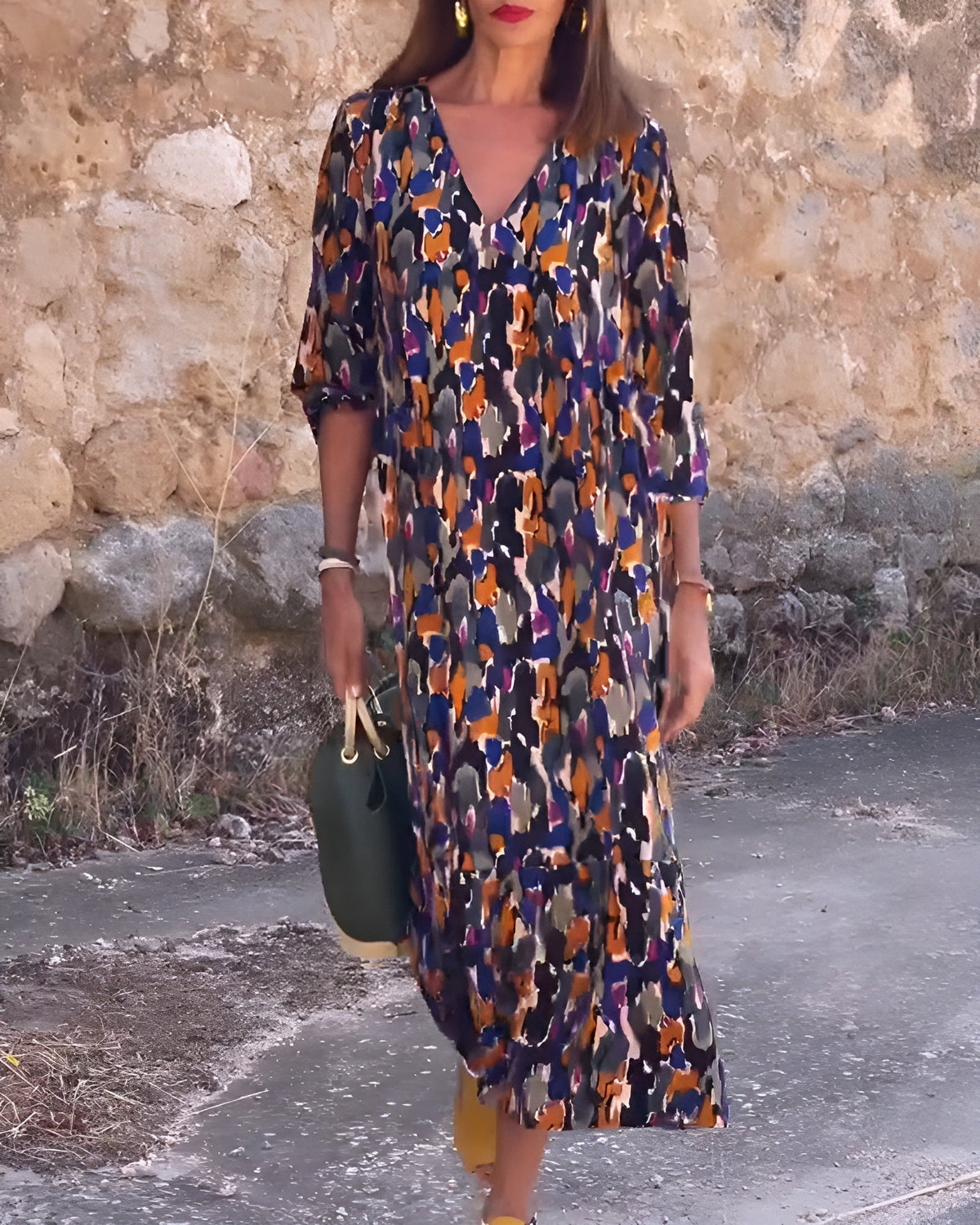Nathalie | Women’s Retro Print V-Neck Dress with Comfort