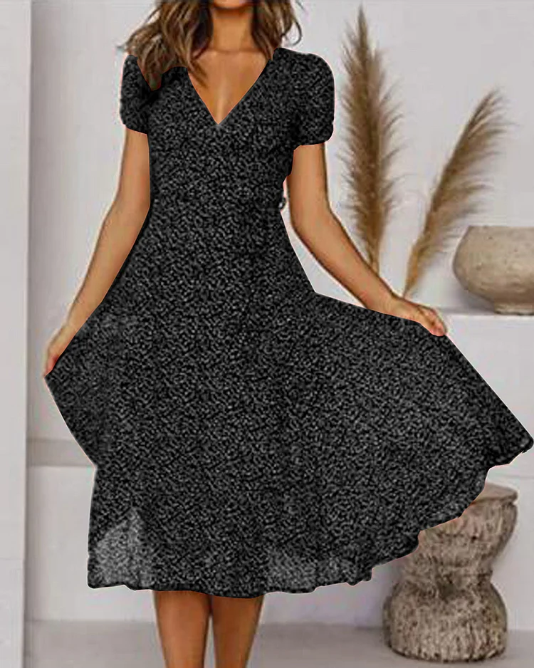 Aurora | Women’s V-Neck Puff-Sleeve Midi Dress with Flair