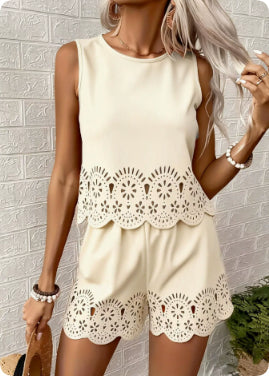 Amelia Rafferty | Eyelet Scallop Crop Tank &amp; Shorts Set For Women — Butter Yellow