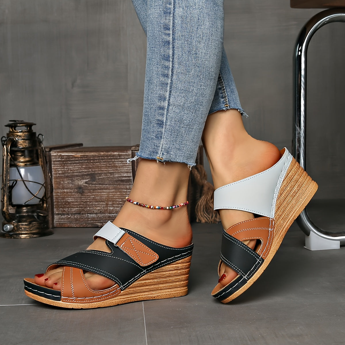 Marina | Women’s Colourblock Wedge Slides with Cushioned Sole