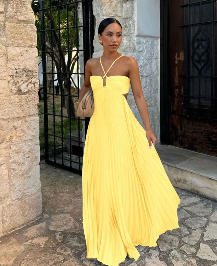 Pleated Halter Neck Maxi Dress with Open Back Detail