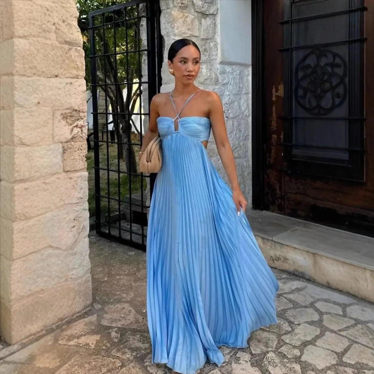 Pleated Halter Neck Maxi Dress with Open Back Detail