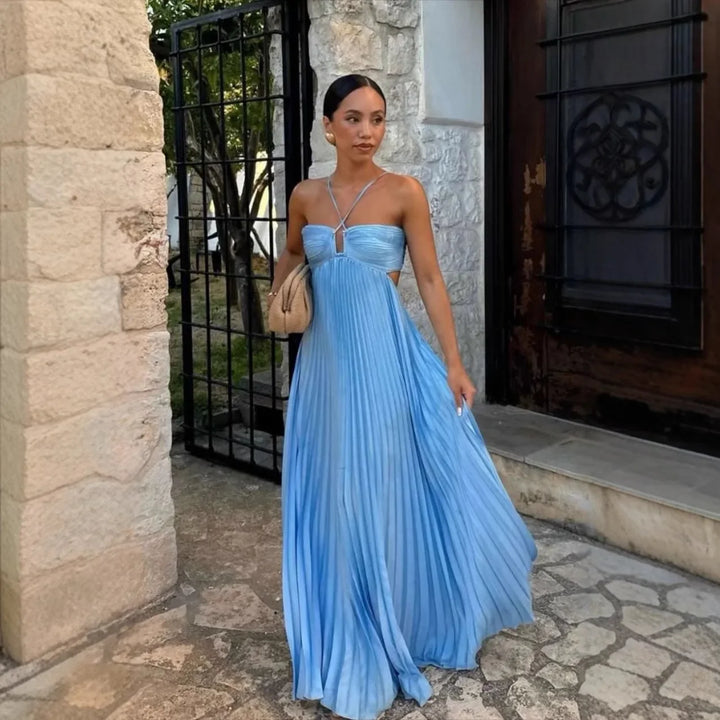 Pleated Halter Neck Maxi Dress with Open Back Detail