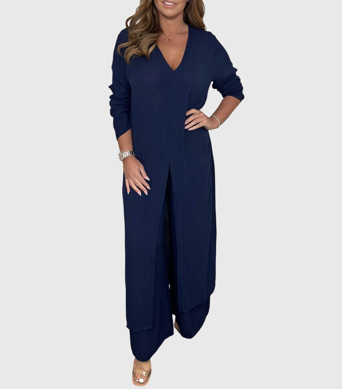 Serena | Women’s Longline Cardigan Set with Wide-Leg Trousers