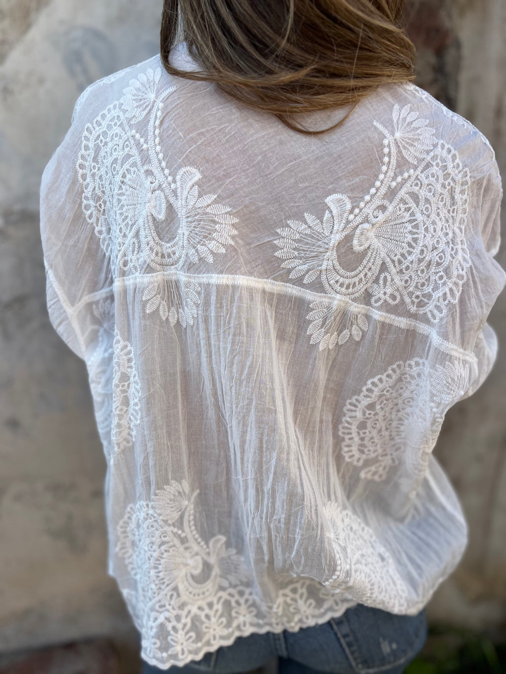 Audette - Women’s Lace Blouse with Embroidered Panels