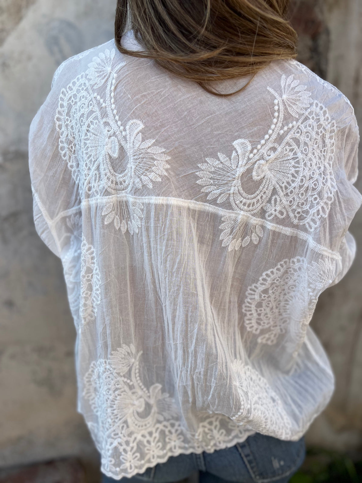Audette - Women’s Lace Blouse with Embroidered Panels