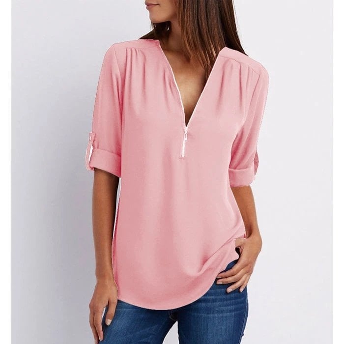 Sophie | Women’s Zip V-Neck Blouse with Rolled Sleeves