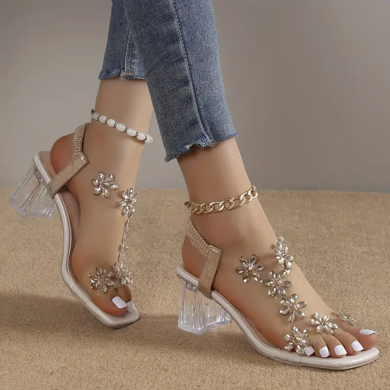 Frieda | Women’s Flower Rhinestone Sandals with Block Heel