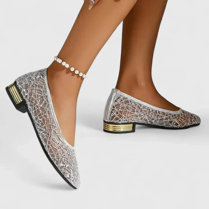 Celeste |  Women’s Lace Pointed Flats with Gold Heel