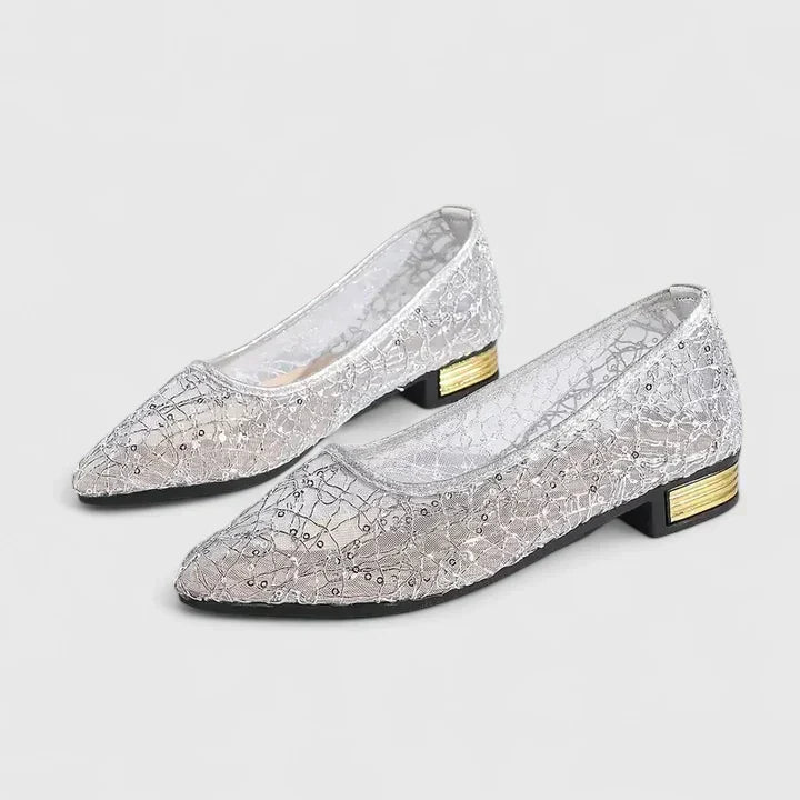 Celeste |  Women’s Lace Pointed Flats with Gold Heel