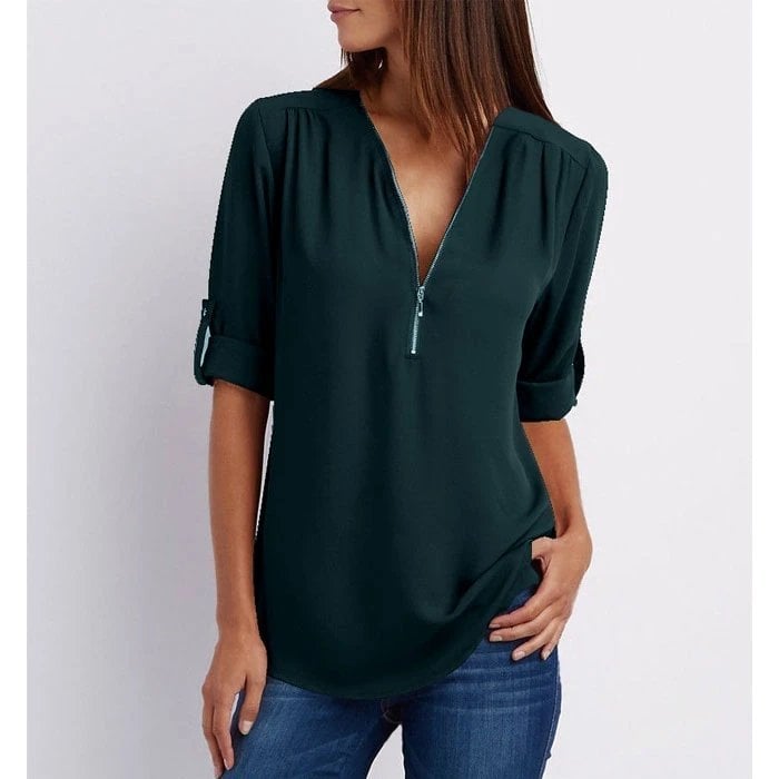 Sophie | Women’s Zip V-Neck Blouse with Rolled Sleeves