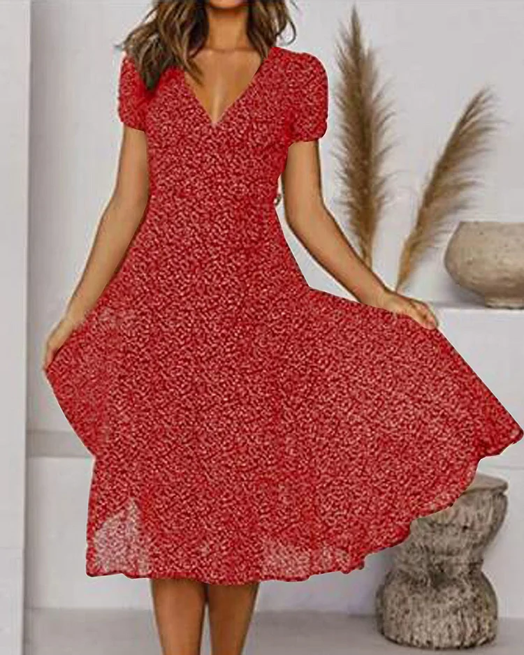 Aurora | Women’s V-Neck Puff-Sleeve Midi Dress with Flair