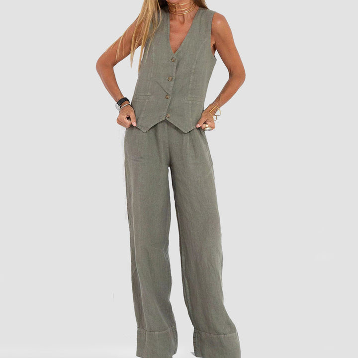 Emma Sheridan | Linen Vest &amp; Wide-Leg Pants Set For Women