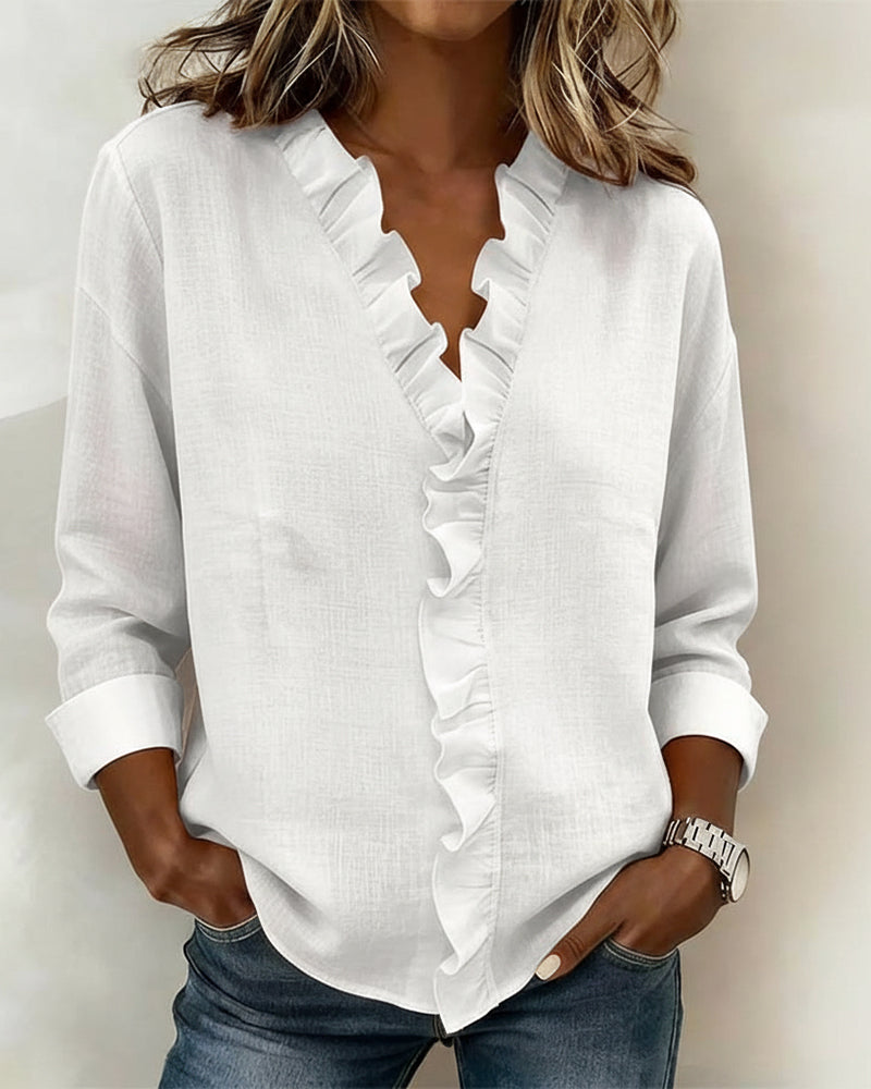 Elise | Women’s Ruffle V-Neck Blouse with Button Front