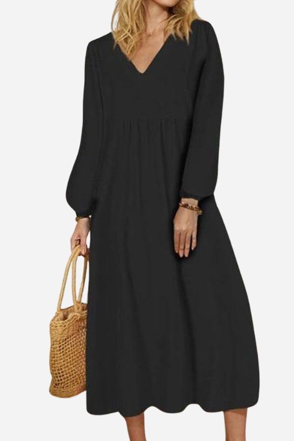 Hazel | Women’s V-Neck Midi Dress with Balloon Sleeves