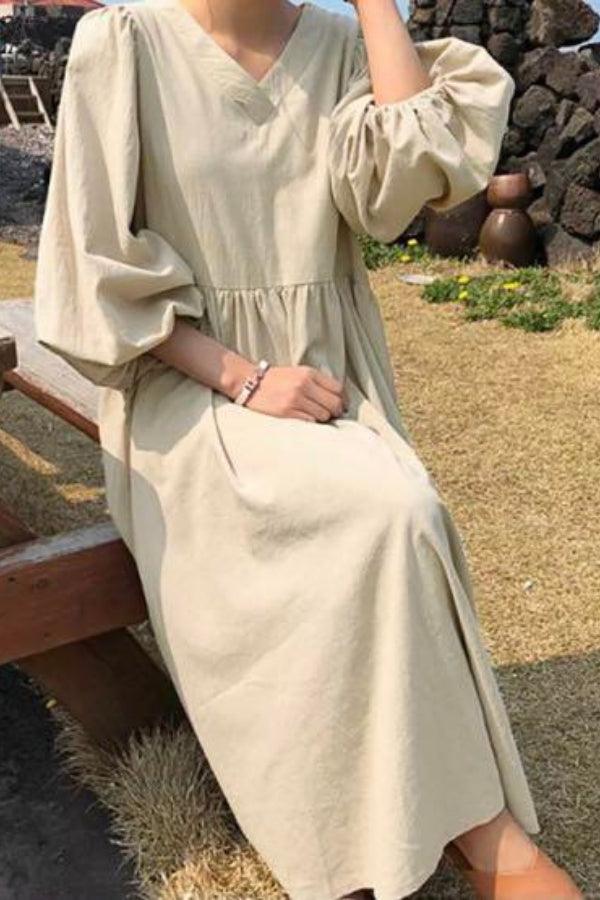 Hazel | Women’s V-Neck Midi Dress with Balloon Sleeves