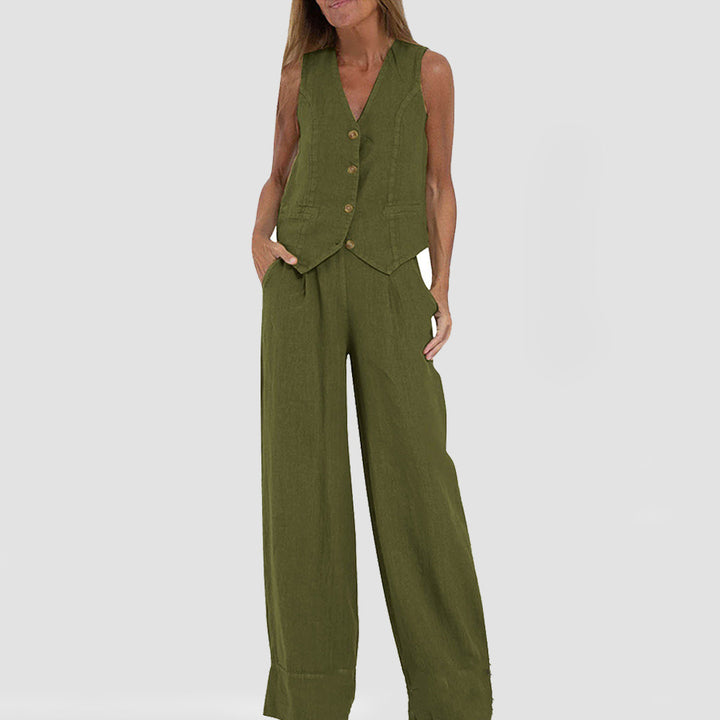 Emma Sheridan | Linen Vest &amp; Wide-Leg Pants Set For Women