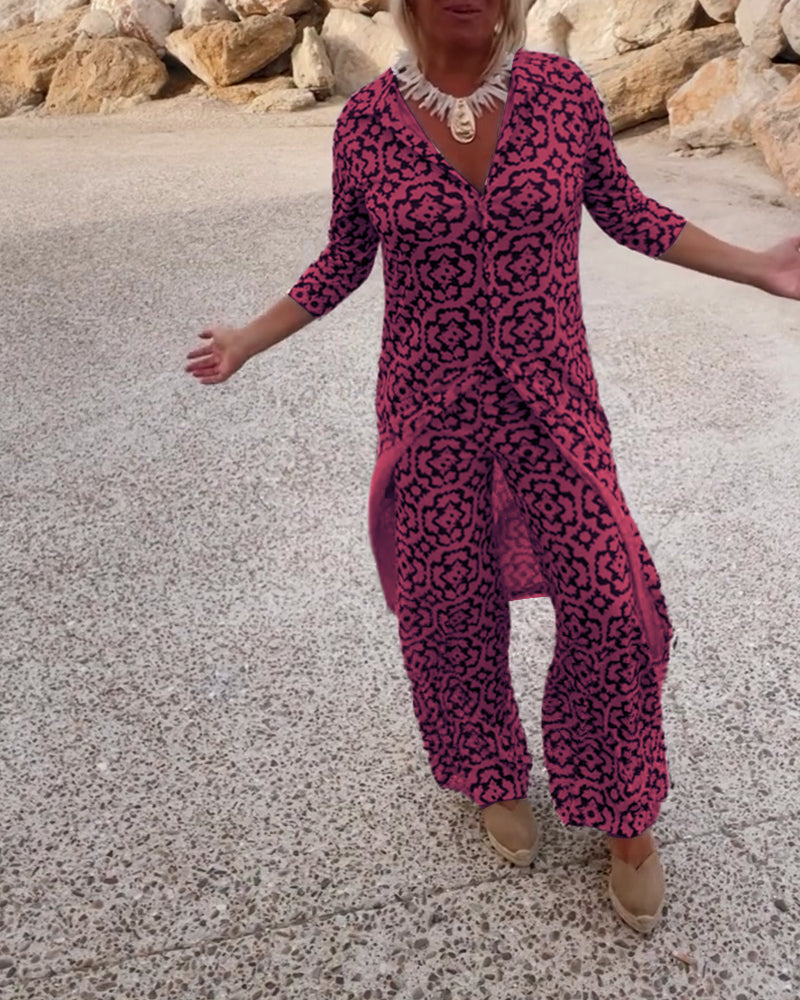 Livia | Women’s Printed Two-Piece Set with V-Neck Blouse