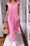 Véronique | Long V-neck Dress in Short Sleeve Leopard Print