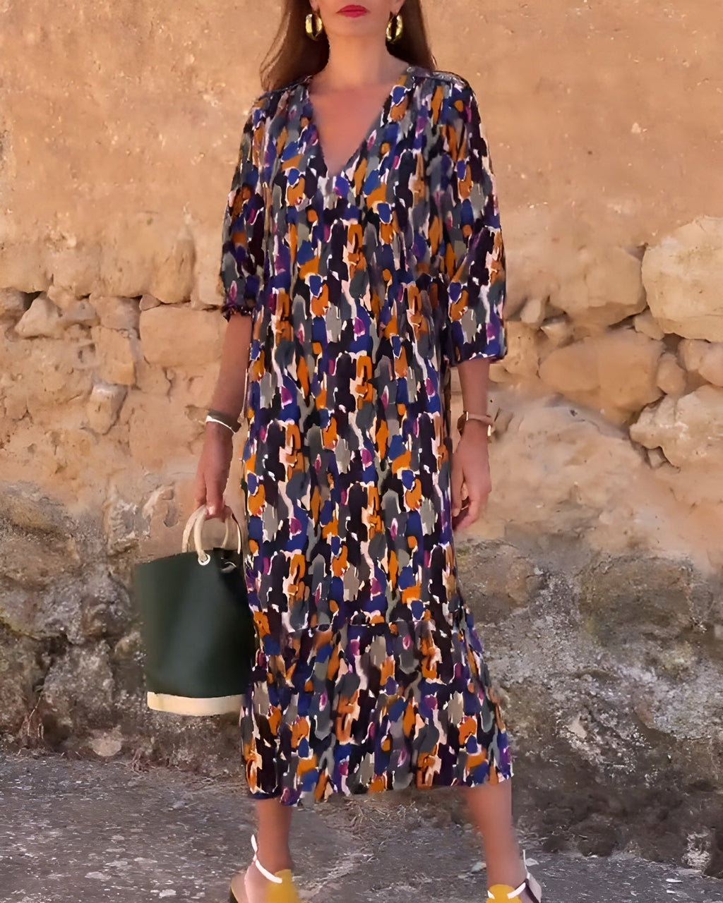 Nathalie | Women’s Retro Print V-Neck Dress with Comfort