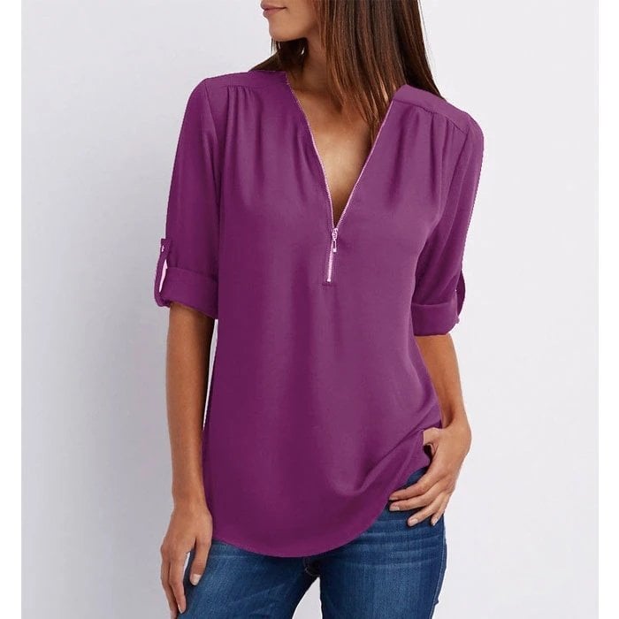 Sophie | Women’s Zip V-Neck Blouse with Rolled Sleeves