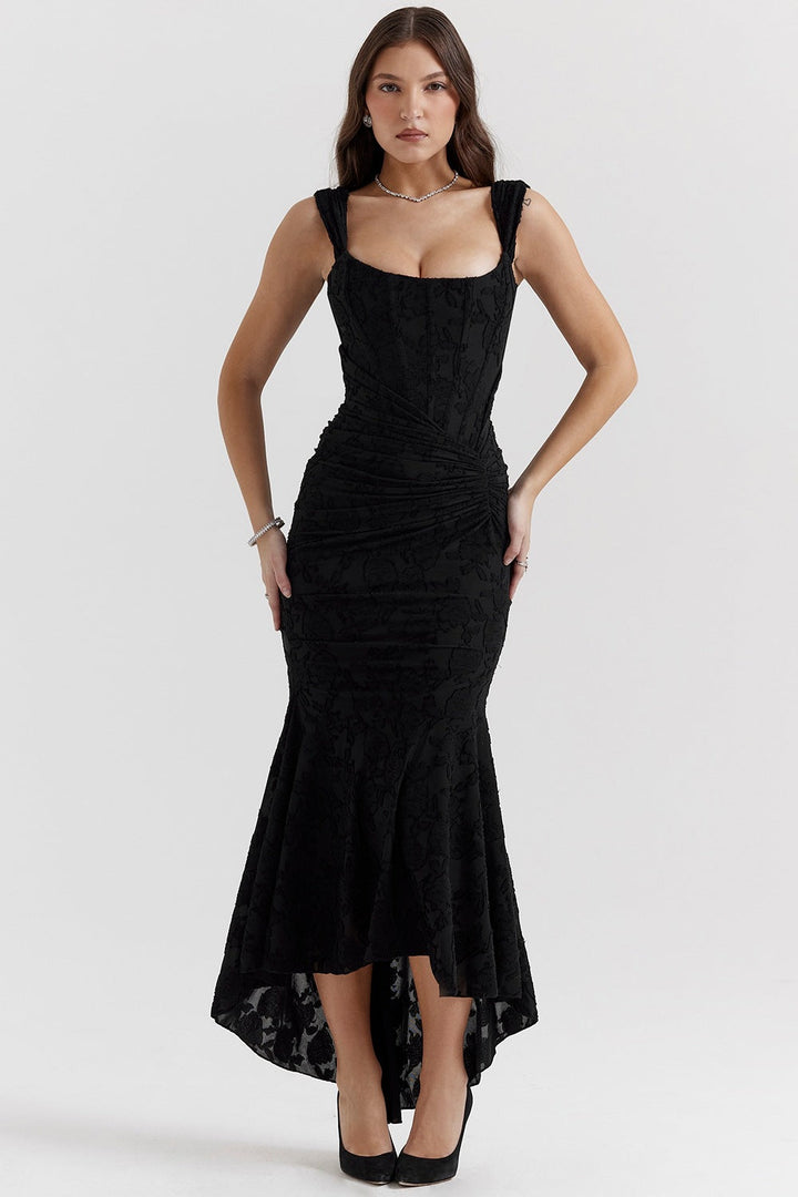 Square Neck Corset Fishtail Maxi Dress in Floral Jacquard