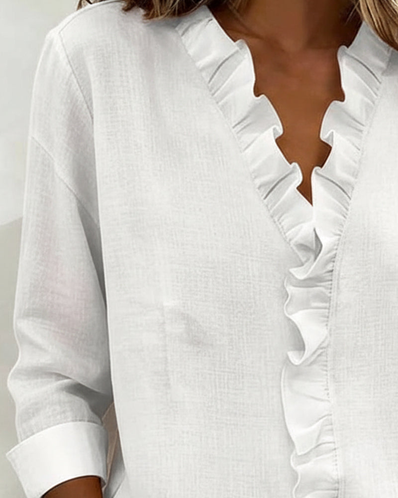 Elise | Women’s Ruffle V-Neck Blouse with Button Front