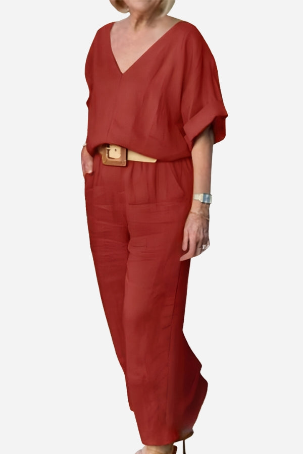 Lena | Women’s V-Neck Two-Piece Set with Straight Pants