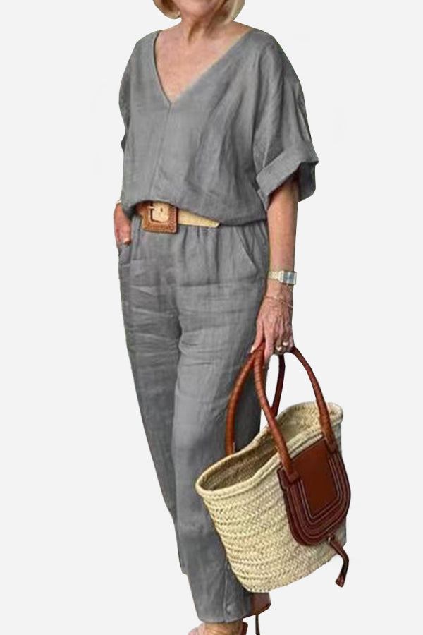 Lena | Women’s V-Neck Two-Piece Set with Straight Pants