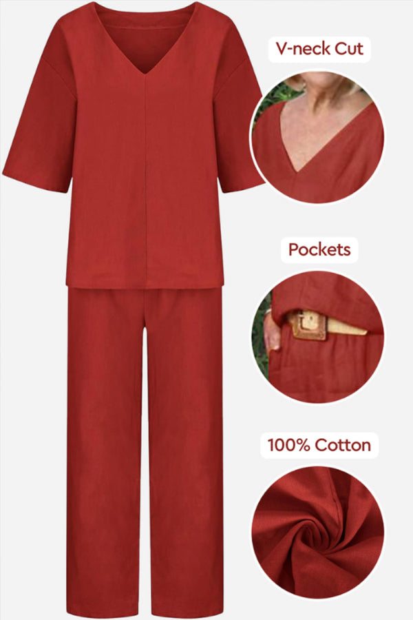 Lena | Women’s V-Neck Two-Piece Set with Straight Pants