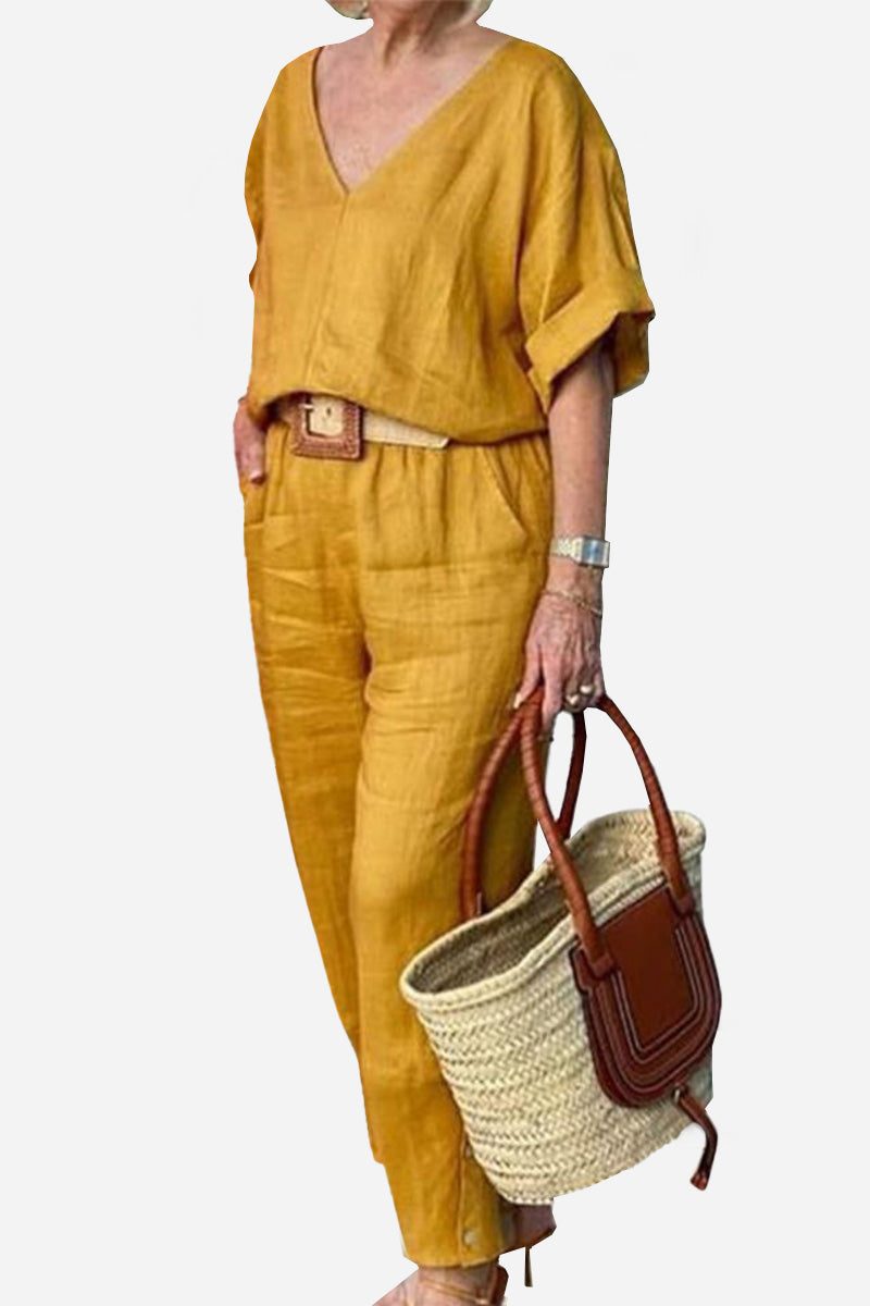 Lena | Women’s V-Neck Two-Piece Set with Straight Pants