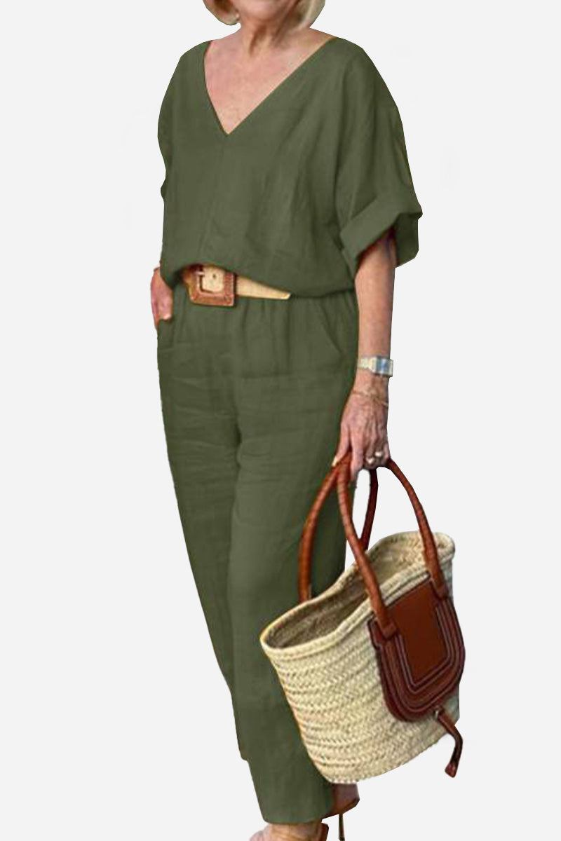 Lena | Women’s V-Neck Two-Piece Set with Straight Pants