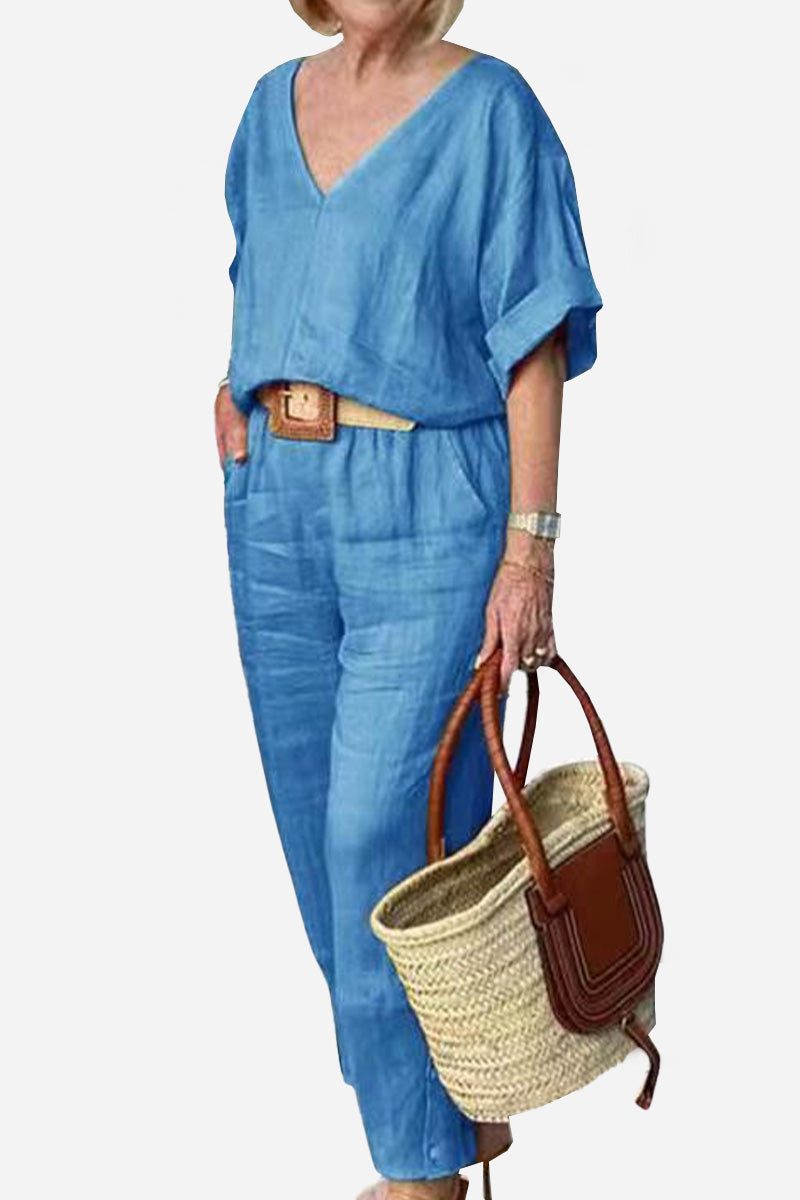 Lena | Women’s V-Neck Two-Piece Set with Straight Pants